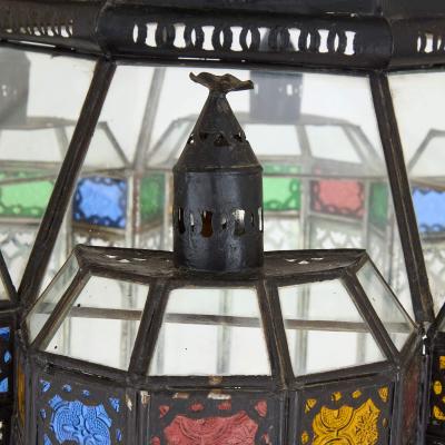 Large Moorish style metal and coloured glass lantern
