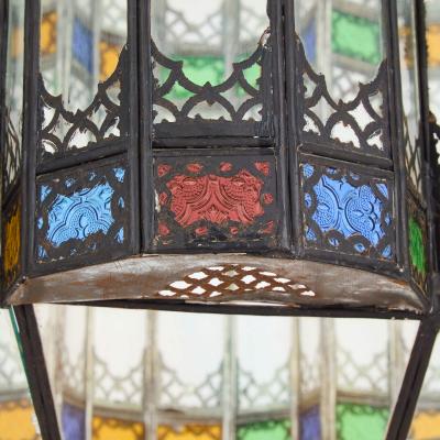 Large Moorish style metal and coloured glass lantern