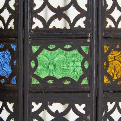 Large Moorish style metal and coloured glass lantern