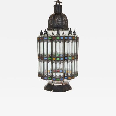 Large Moorish style metal and coloured glass lantern