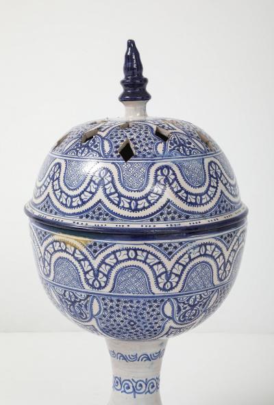 Large Moroccan Blue White Ceramic Urn with Pierced Lid Early 20th C 