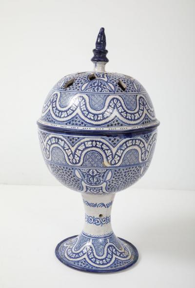 Large Moroccan Blue White Ceramic Urn with Pierced Lid Early 20th C 