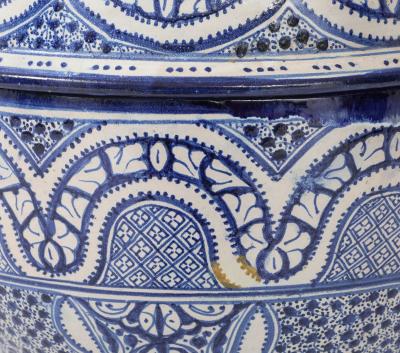 Large Moroccan Blue White Ceramic Urn with Pierced Lid Early 20th C 
