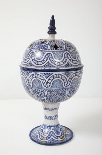 Large Moroccan Blue White Ceramic Urn with Pierced Lid Early 20th C 