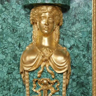 Large Neoclassical style gilt bronze and malachite fireplace