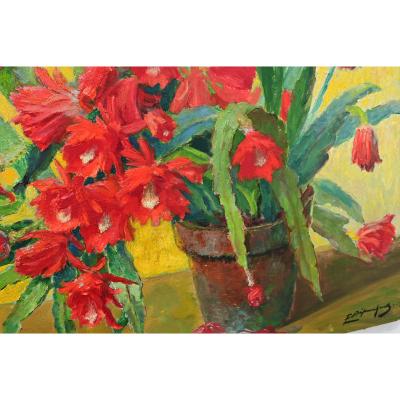 Large Oil Painting of Christmas Cactus on Board