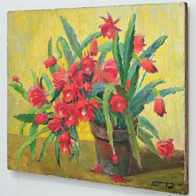Large Oil Painting of Christmas Cactus on Board