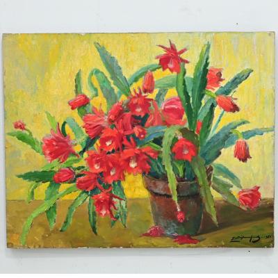 Large Oil Painting of Christmas Cactus on Board