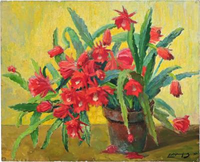 Large Oil Painting of Christmas Cactus on Board