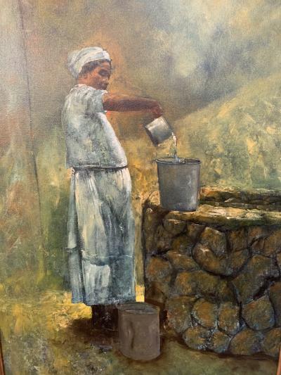 Large Oil on Canvas Figurative Painting of a Farmer Woman by a Well