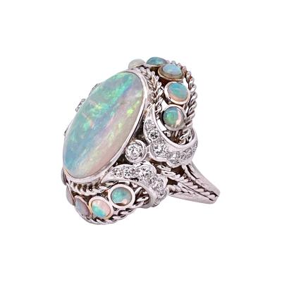 Large Opal Diamond Ring 18K 6 75