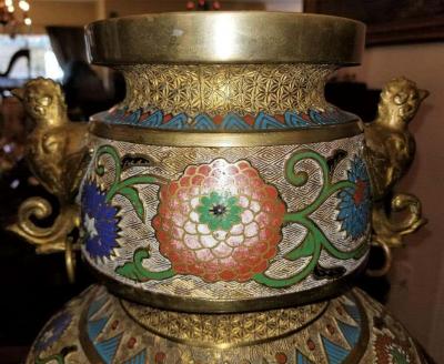 Large Oriental Champleve Cloisonne Urn on Stand