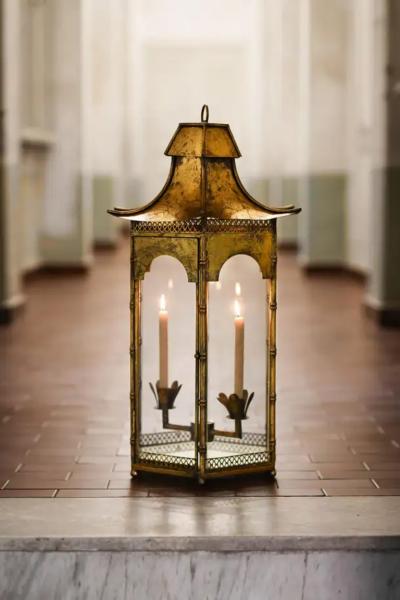 Large Pagoda shaped French lantern in golden metal from the 1970s