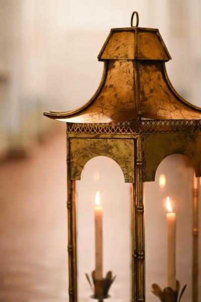 Large Pagoda shaped French lantern in golden metal from the 1970s
