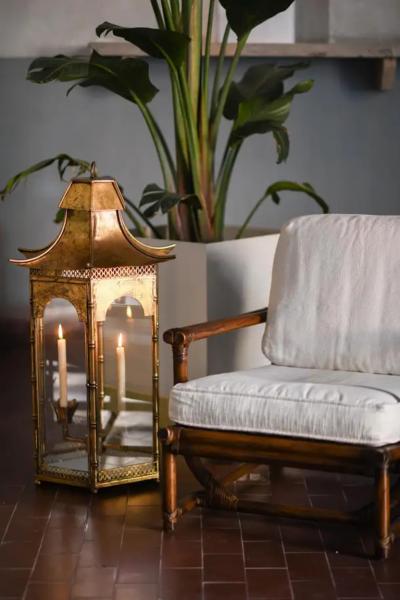 Large Pagoda shaped French lantern in golden metal from the 1970s
