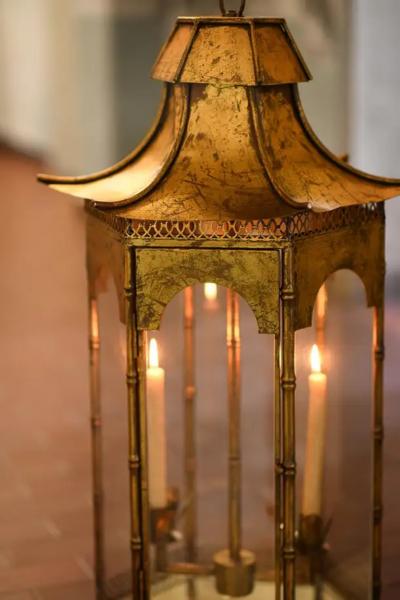 Large Pagoda shaped French lantern in golden metal from the 1970s