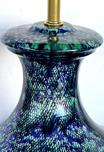 Large Pair 1960s Blue Teal Drip Glaze Bulbous form Lamps with Textured Surface