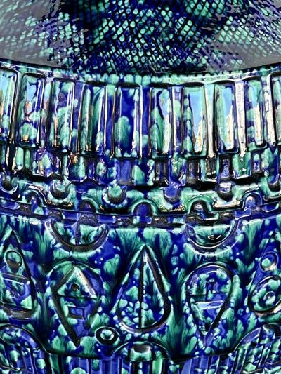 Large Pair 1960s Blue Teal Drip Glaze Bulbous form Lamps with Textured Surface
