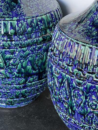 Large Pair 1960s Blue Teal Drip Glaze Bulbous form Lamps with Textured Surface