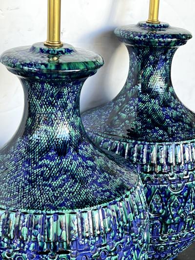Large Pair 1960s Blue Teal Drip Glaze Bulbous form Lamps with Textured Surface