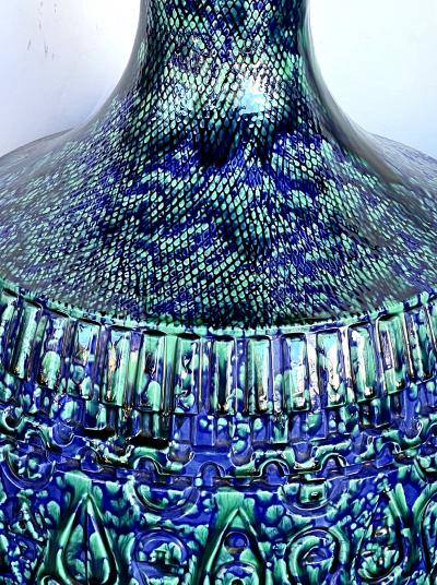 Large Pair 1960s Blue Teal Drip Glaze Bulbous form Lamps with Textured Surface