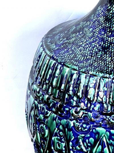 Large Pair 1960s Blue Teal Drip Glaze Bulbous form Lamps with Textured Surface