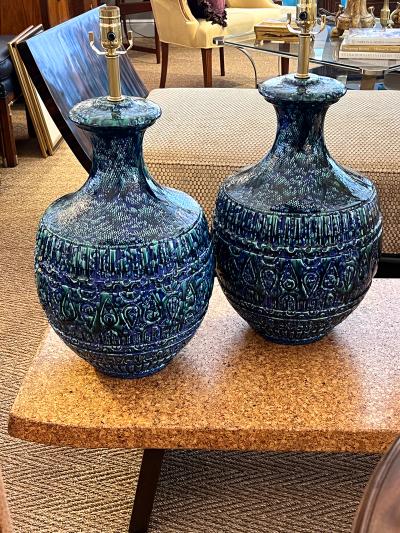 Large Pair 1960s Blue Teal Drip Glaze Bulbous form Lamps with Textured Surface