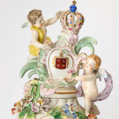 Large Pair Antique Dresden Porcelain Three Part Lidded Vases Figural Handles
