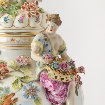 Large Pair Antique Dresden Porcelain Three Part Lidded Vases Figural Handles