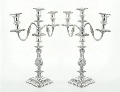 Large Pair Antique Edwardian Silver Plate Three Light Candelabra