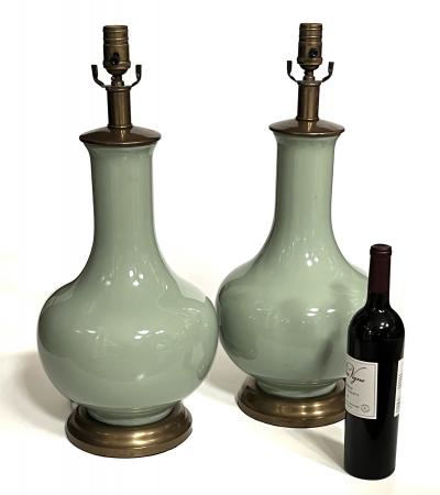 Large Pair Chinese Celadon Glazed Bottle form Porcelain Lamps