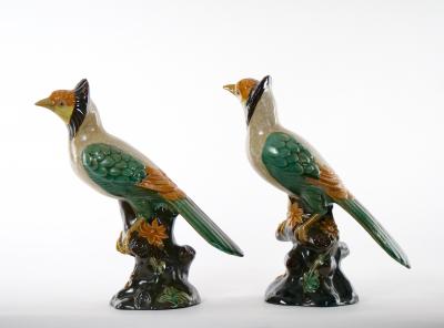 Large Pair English Glazed Porcelain Terracotta Birds Statues