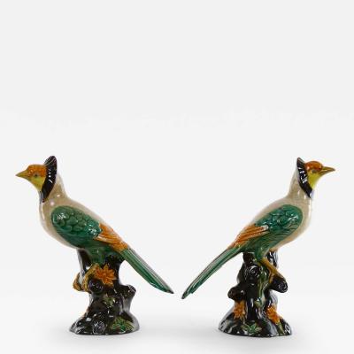 Large Pair English Glazed Porcelain Terracotta Birds Statues