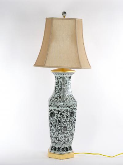 Large Pair Glazed Tapestry Porcelain Gilt Base Table Lamps