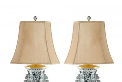 Large Pair Glazed Tapestry Porcelain Gilt Base Table Lamps