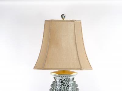 Large Pair Glazed Tapestry Porcelain Gilt Base Table Lamps