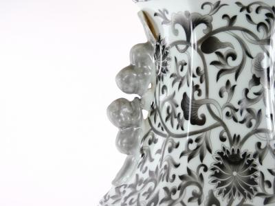 Large Pair Glazed Tapestry Porcelain Gilt Base Table Lamps