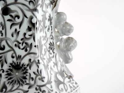 Large Pair Glazed Tapestry Porcelain Gilt Base Table Lamps