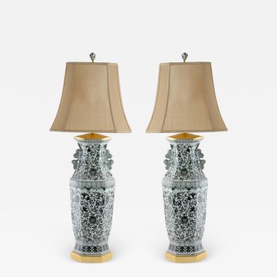 Large Pair Glazed Tapestry Porcelain Gilt Base Table Lamps