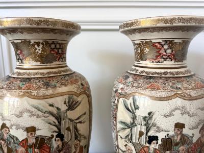 Large Pair Japanese Satsuma Ceramic Vases Kozan Meiji Period