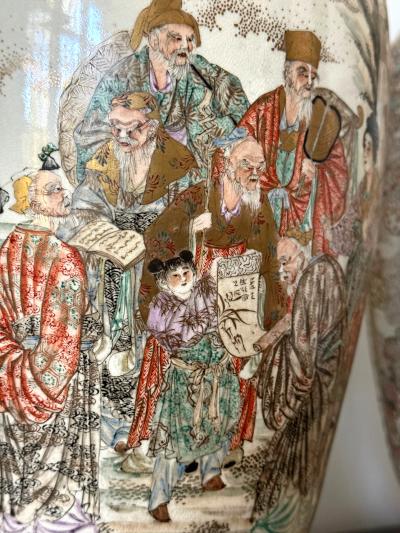 Large Pair Japanese Satsuma Ceramic Vases Kozan Meiji Period