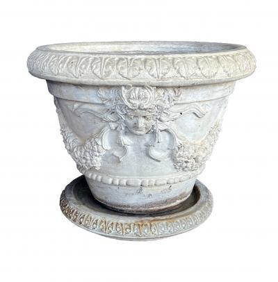 Large Pair Neoclassical Style Cast Stone Planters with Undertrays