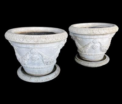 Large Pair Neoclassical Style Cast Stone Planters with Undertrays