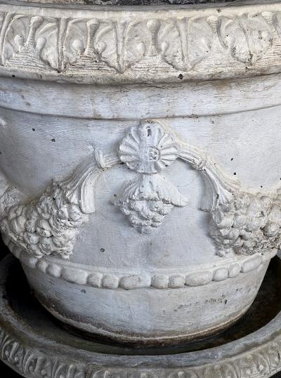 Large Pair Neoclassical Style Cast Stone Planters with Undertrays
