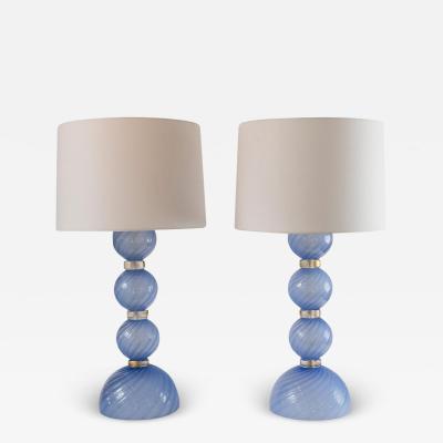 Large Pair Of Artisan Blown Pale Blue Swirl Lamps Contemporary