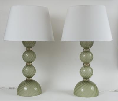 Large Pair Of Artisan Blown Pale Green Swirl Lamps Contemporary