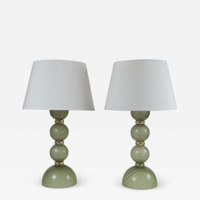 Large Pair Of Artisan Blown Pale Green Swirl Lamps Contemporary