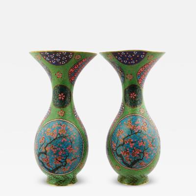 Large Pair Of Japanese Cloisonne Enamel Green Floral Cherry Blossom Vases