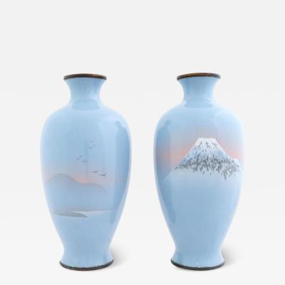 Large Pair Of Meiji Japanese Cloisonne Enamel Wireless Vases Mt Fuji Sun Set