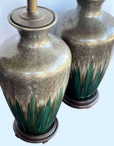 Large Pair Vintage Textured Iridescent Glazed Lamps with Emerald Green Striation